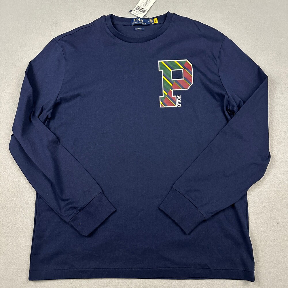Polo Ralph Lauren Shirt Men Medium Navy Blue Classic Fit Graphic Long Sleeve M